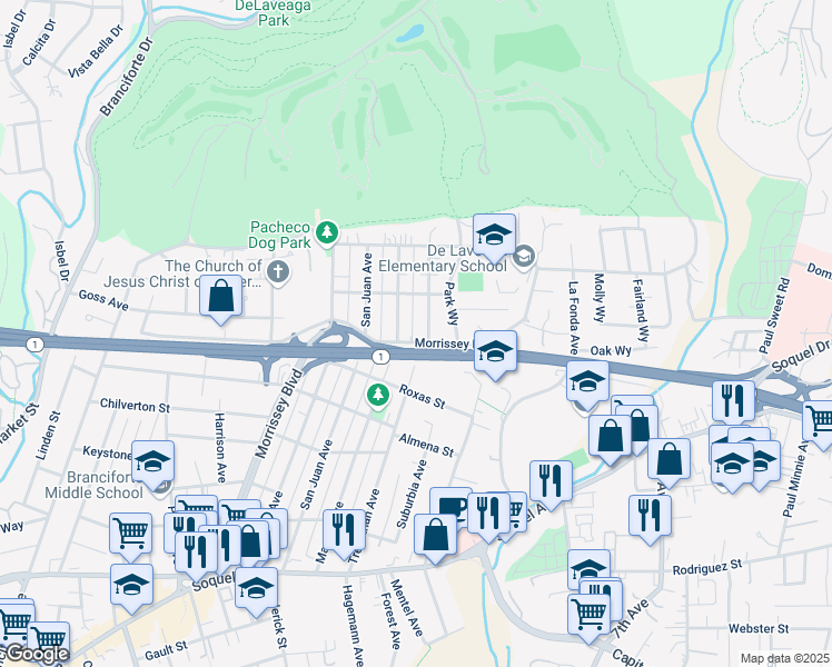 map of restaurants, bars, coffee shops, grocery stores, and more near 817 Morrissey Boulevard in Santa Cruz