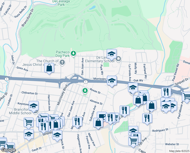map of restaurants, bars, coffee shops, grocery stores, and more near 817 Morrissey Boulevard in Santa Cruz