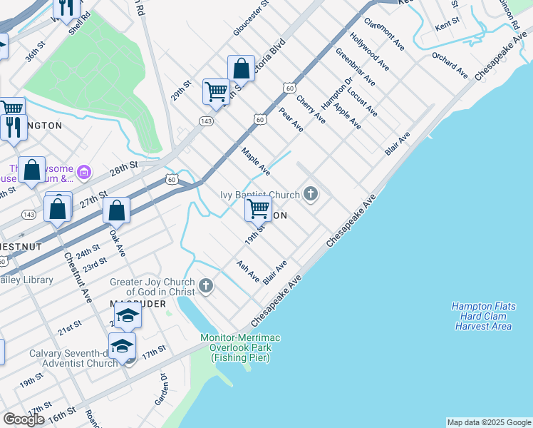map of restaurants, bars, coffee shops, grocery stores, and more near 106 Sycamore Avenue in Newport News