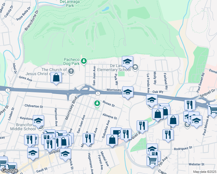 map of restaurants, bars, coffee shops, grocery stores, and more near 817 Morrissey Boulevard in Santa Cruz