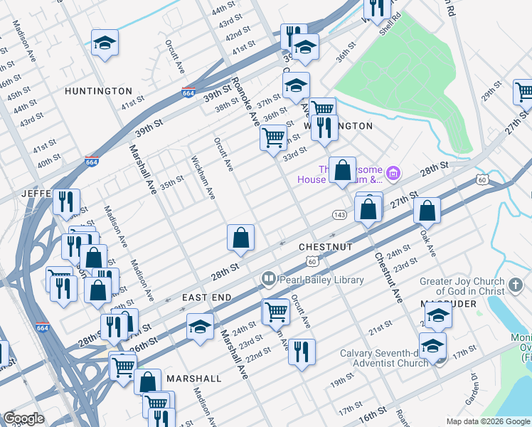 map of restaurants, bars, coffee shops, grocery stores, and more near 1010 30th Street in Newport News