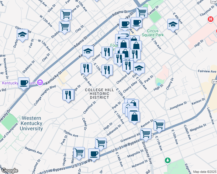 map of restaurants, bars, coffee shops, grocery stores, and more near 1241 Chestnut Street in Bowling Green