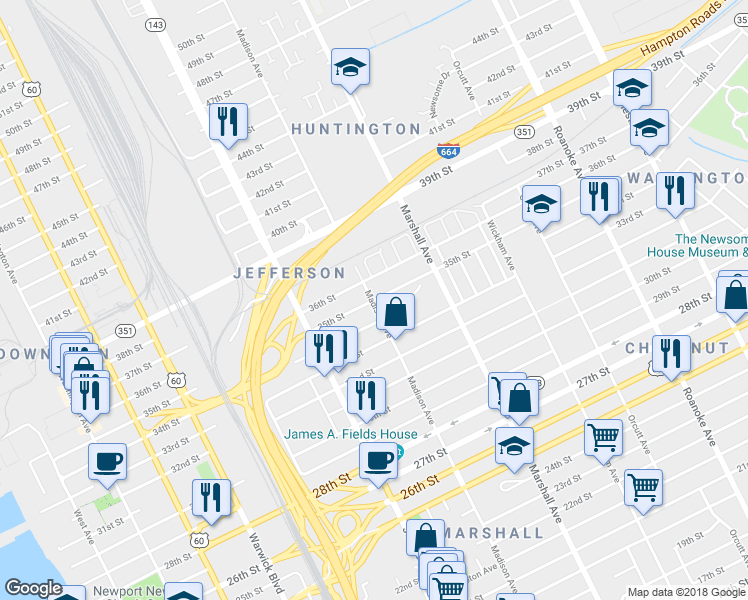 map of restaurants, bars, coffee shops, grocery stores, and more near 701 35th Street in Newport News