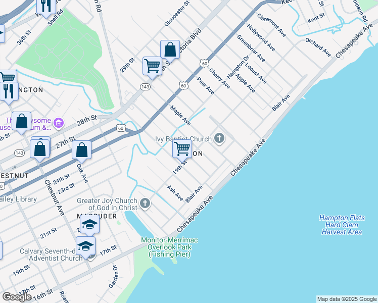 map of restaurants, bars, coffee shops, grocery stores, and more near 106 Sycamore Avenue in Newport News