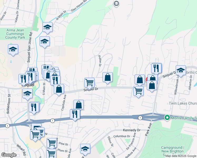 map of restaurants, bars, coffee shops, grocery stores, and more near 5459 Entrance Drive in Soquel