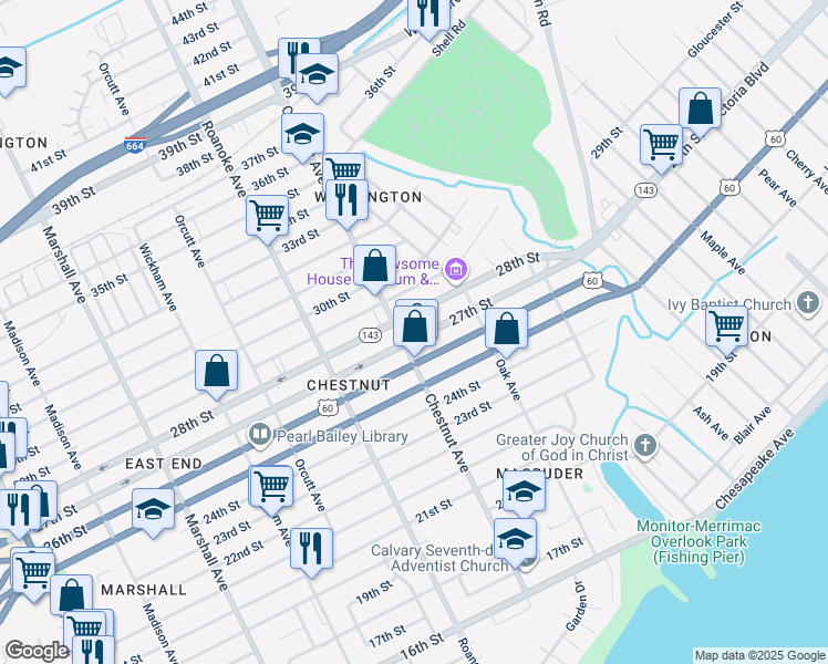 map of restaurants, bars, coffee shops, grocery stores, and more near 1211 27th Street in Newport News