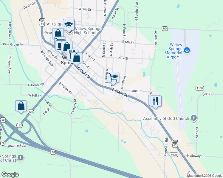 map of restaurants, bars, coffee shops, grocery stores, and more near 200 North Ash Street in Willow Springs
