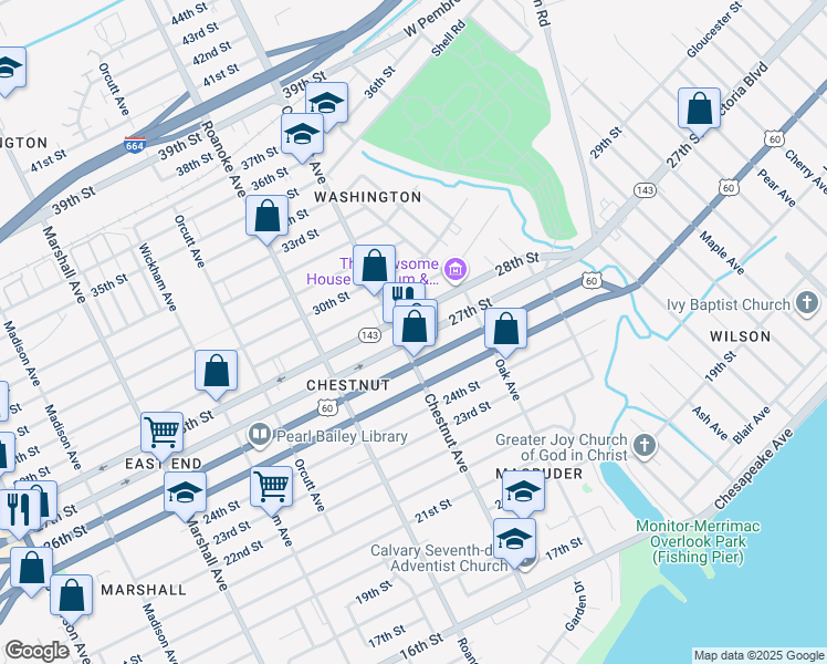 map of restaurants, bars, coffee shops, grocery stores, and more near 1211 27th Street in Newport News