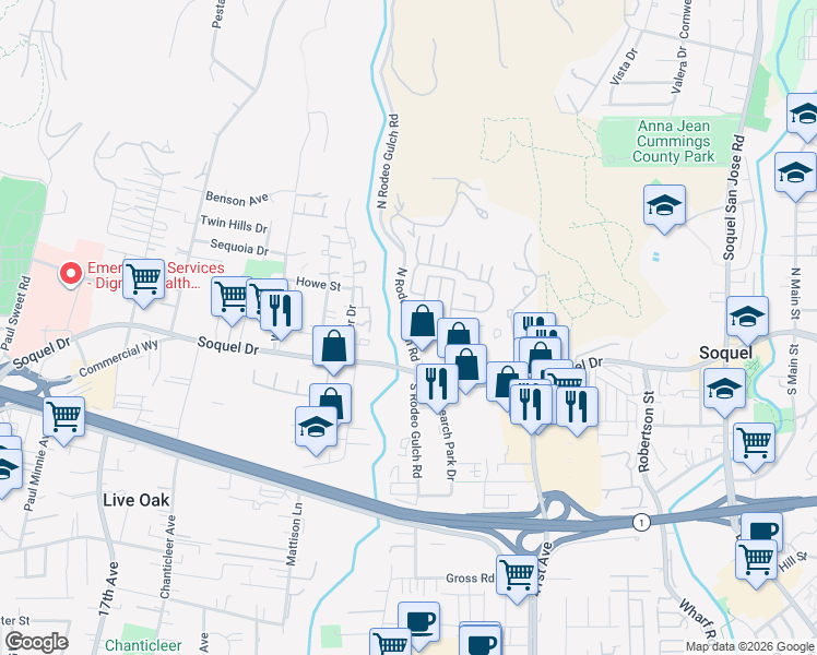 map of restaurants, bars, coffee shops, grocery stores, and more near 48 North Rodeo Gulch Road in Soquel
