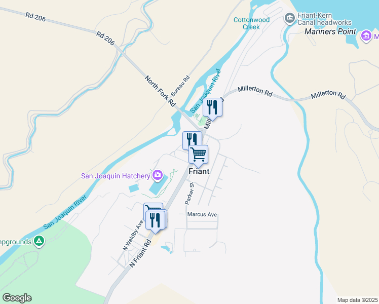 map of restaurants, bars, coffee shops, grocery stores, and more near 17559 North Friant Road in Friant