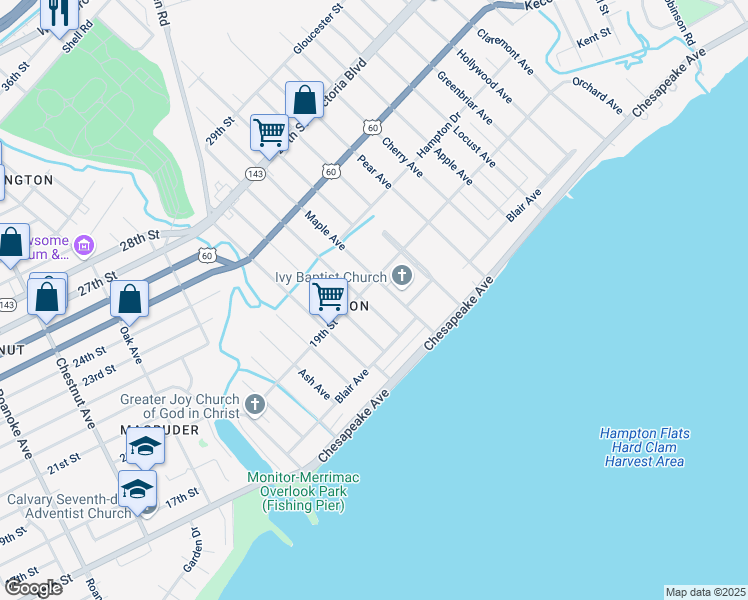 map of restaurants, bars, coffee shops, grocery stores, and more near 44 Poplar Avenue in Newport News