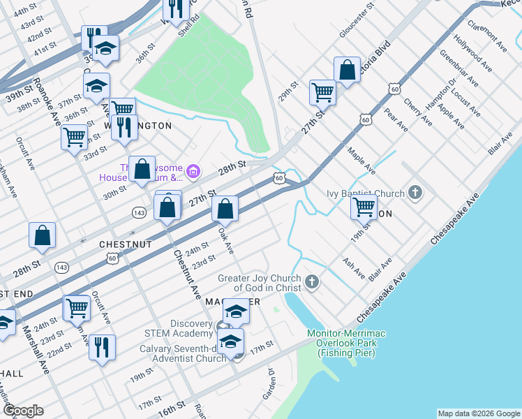 map of restaurants, bars, coffee shops, grocery stores, and more near 1354 24th Street in Newport News