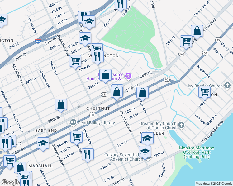 map of restaurants, bars, coffee shops, grocery stores, and more near 2610 Chestnut Avenue in Newport News