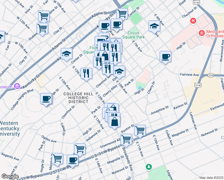 map of restaurants, bars, coffee shops, grocery stores, and more near 1036 Park Street in Bowling Green