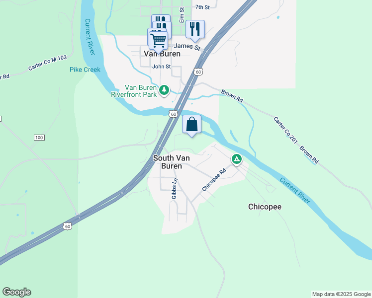 map of restaurants, bars, coffee shops, grocery stores, and more near 104 Olive Street in Van Buren