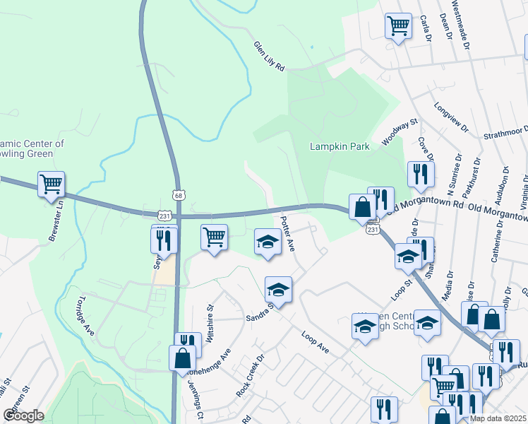 map of restaurants, bars, coffee shops, grocery stores, and more near 1127 Morgantown Road in Bowling Green