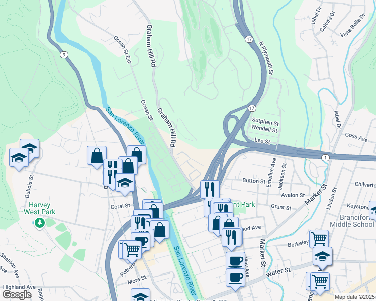 map of restaurants, bars, coffee shops, grocery stores, and more near 160 Jewell Street in Santa Cruz