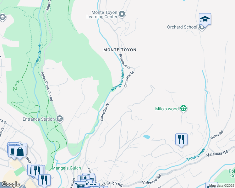 map of restaurants, bars, coffee shops, grocery stores, and more near Cathedral Drive in Aptos