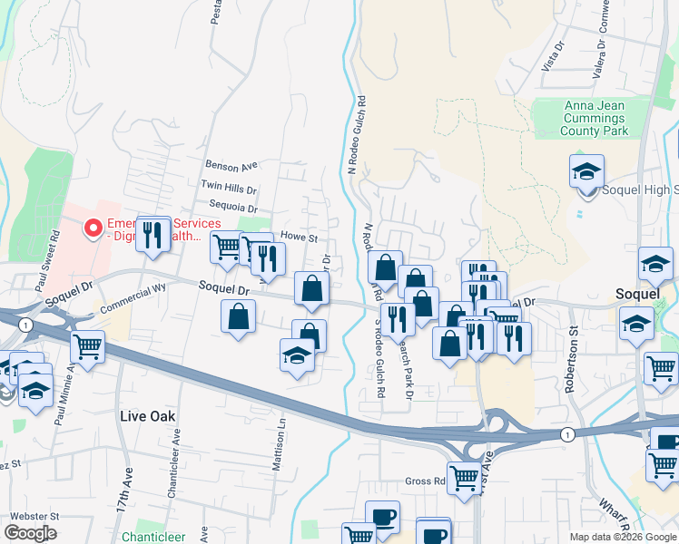 map of restaurants, bars, coffee shops, grocery stores, and more near 3107 Erin Lane in Santa Cruz