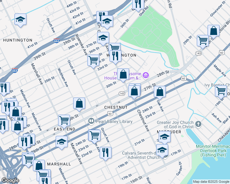 map of restaurants, bars, coffee shops, grocery stores, and more near 1111 28th Street in Newport News