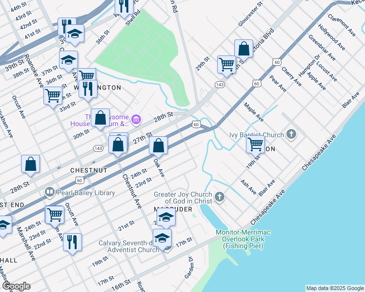 map of restaurants, bars, coffee shops, grocery stores, and more near 2407 Parish Avenue in Newport News