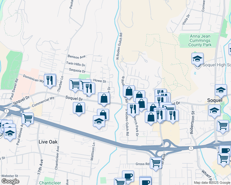 map of restaurants, bars, coffee shops, grocery stores, and more near 3050 Dover Drive in Santa Cruz