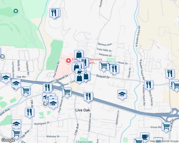 map of restaurants, bars, coffee shops, grocery stores, and more near in Live Oak