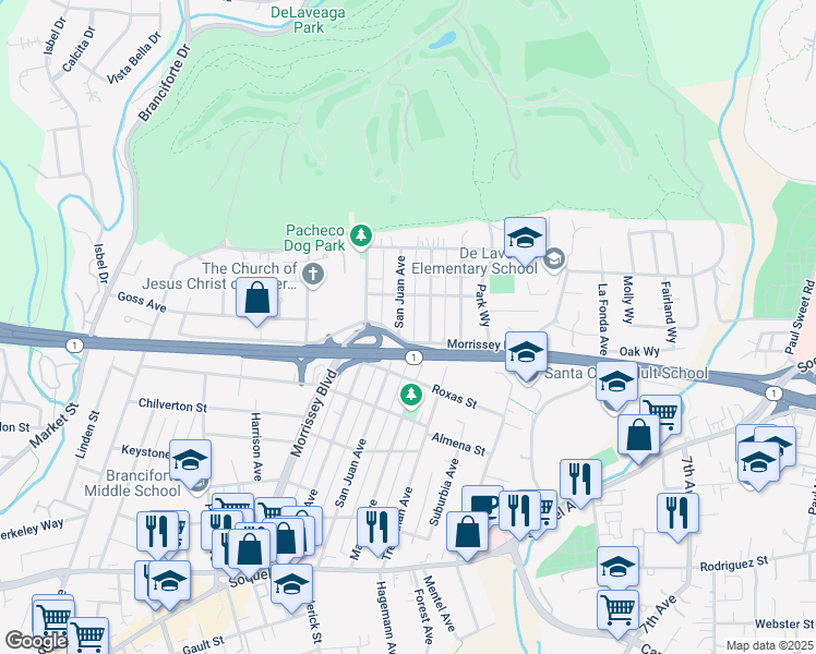 map of restaurants, bars, coffee shops, grocery stores, and more near 600 San Juan Avenue in Santa Cruz