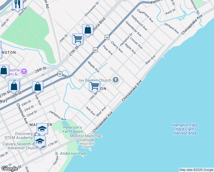 map of restaurants, bars, coffee shops, grocery stores, and more near 68 Sycamore Avenue in Newport News