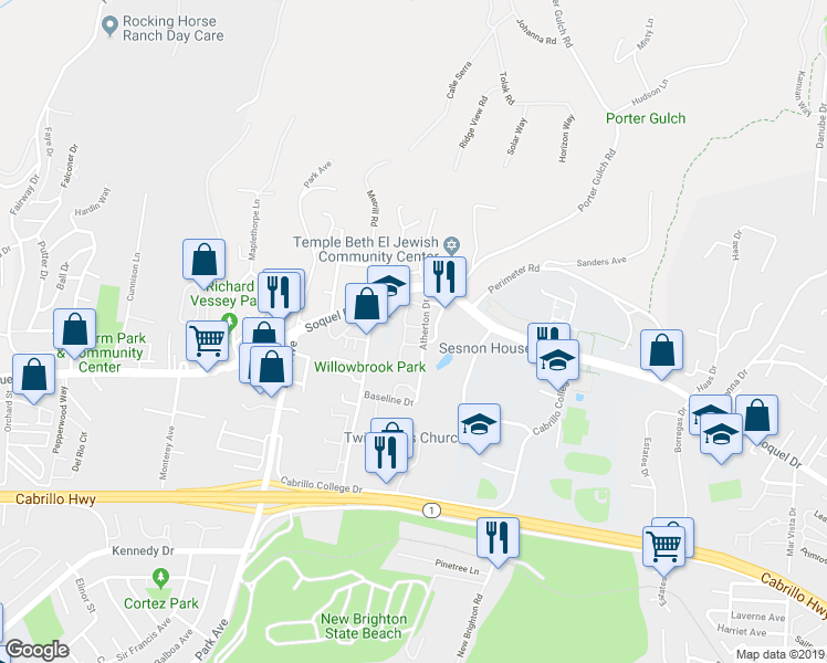 map of restaurants, bars, coffee shops, grocery stores, and more near 6244 Cabot Court in Aptos