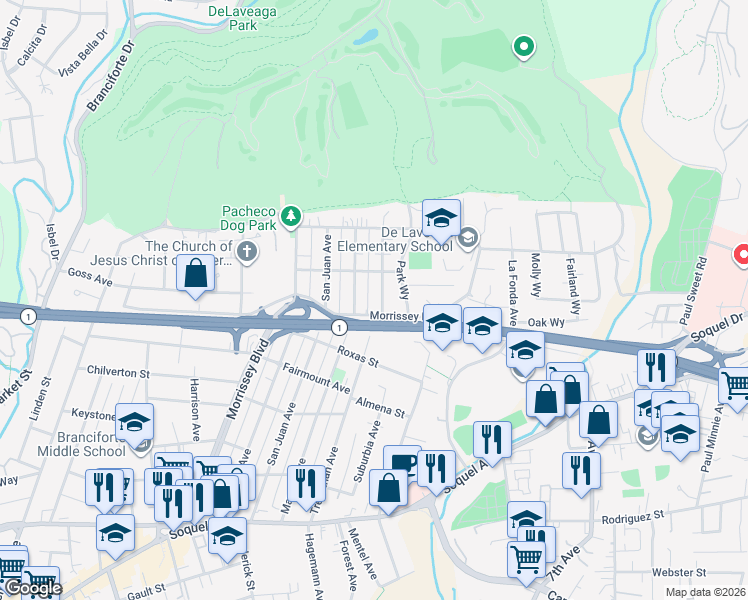 map of restaurants, bars, coffee shops, grocery stores, and more near 817 Morrissey Boulevard in Santa Cruz