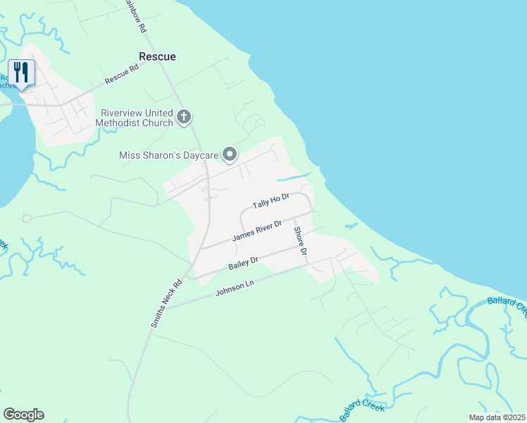 map of restaurants, bars, coffee shops, grocery stores, and more near 22495 James River Drive in Carrollton