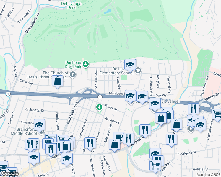 map of restaurants, bars, coffee shops, grocery stores, and more near 817 Morrissey Boulevard in Santa Cruz
