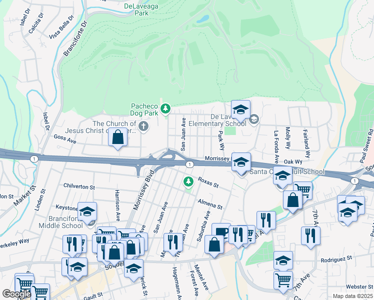 map of restaurants, bars, coffee shops, grocery stores, and more near 600 San Juan Avenue in Santa Cruz