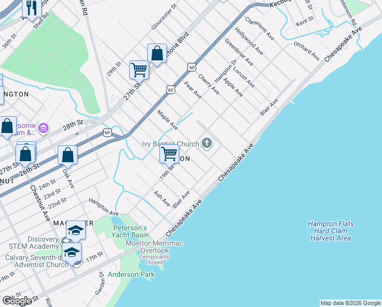 map of restaurants, bars, coffee shops, grocery stores, and more near 68 Sycamore Avenue in Newport News