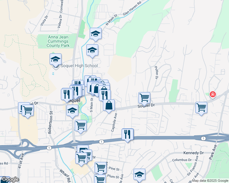 map of restaurants, bars, coffee shops, grocery stores, and more near 3075 Aguazul Drive in Soquel