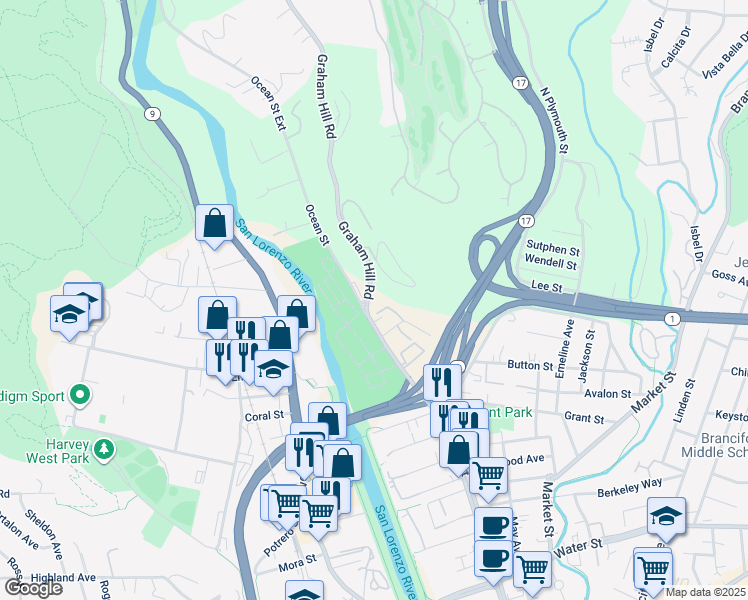 map of restaurants, bars, coffee shops, grocery stores, and more near 1820 Ocean Street in Santa Cruz