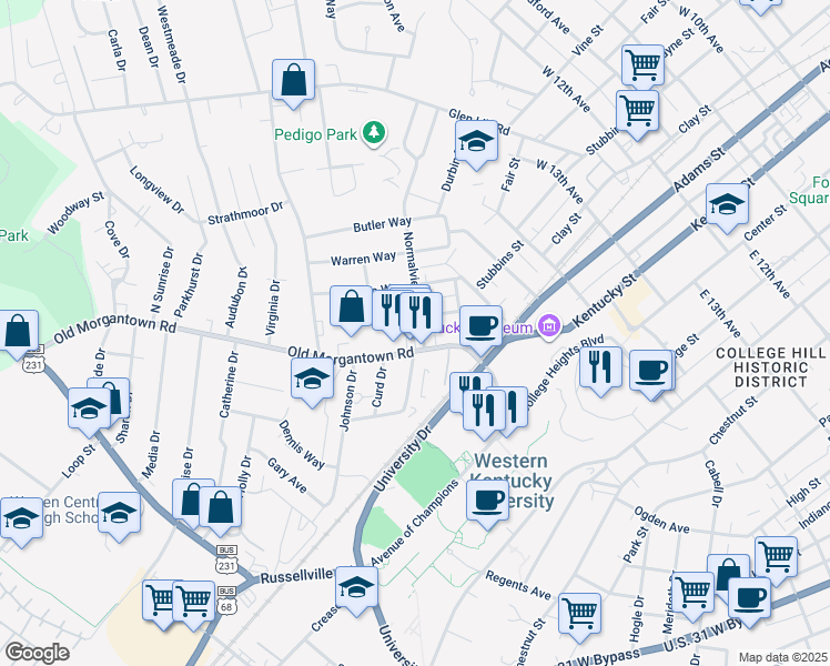 map of restaurants, bars, coffee shops, grocery stores, and more near 309 Old Morgantown Road in Bowling Green