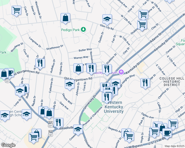map of restaurants, bars, coffee shops, grocery stores, and more near 1521 Normalview Drive in Bowling Green