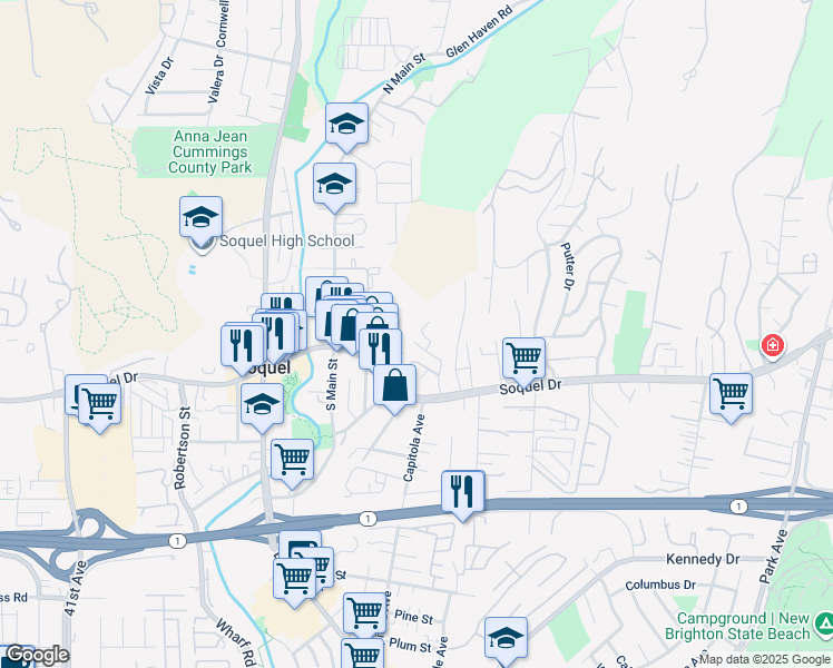 map of restaurants, bars, coffee shops, grocery stores, and more near 3090 Aguazul Drive in Soquel