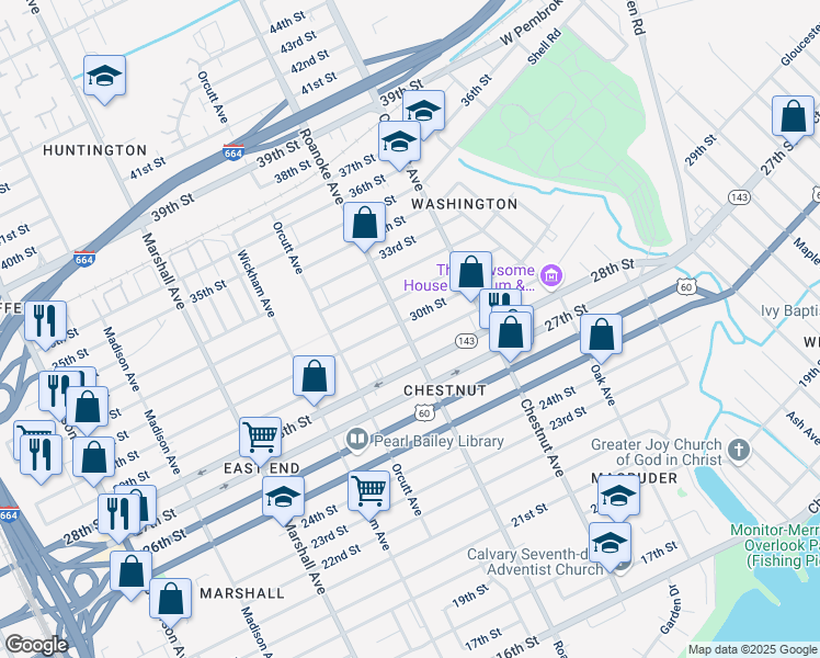 map of restaurants, bars, coffee shops, grocery stores, and more near 2908 Roanoke Avenue in Newport News