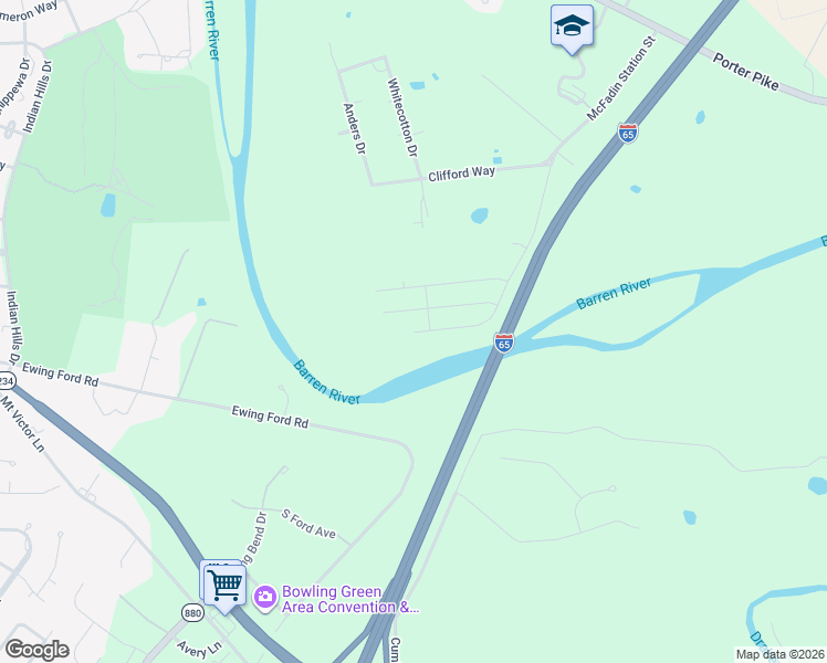 map of restaurants, bars, coffee shops, grocery stores, and more near Interstate 65 in Bowling Green