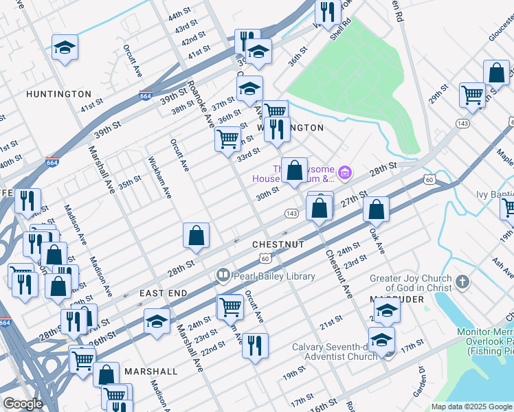 map of restaurants, bars, coffee shops, grocery stores, and more near 2908 Roanoke Avenue in Newport News