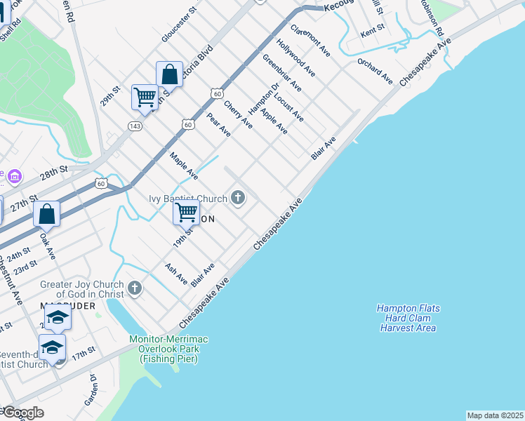 map of restaurants, bars, coffee shops, grocery stores, and more near 18 Maple Avenue in Newport News