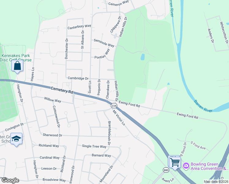 map of restaurants, bars, coffee shops, grocery stores, and more near 1636 Ewing Ford Road in Bowling Green