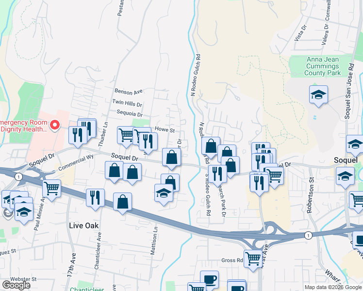 map of restaurants, bars, coffee shops, grocery stores, and more near 3051 Dover Drive in Santa Cruz