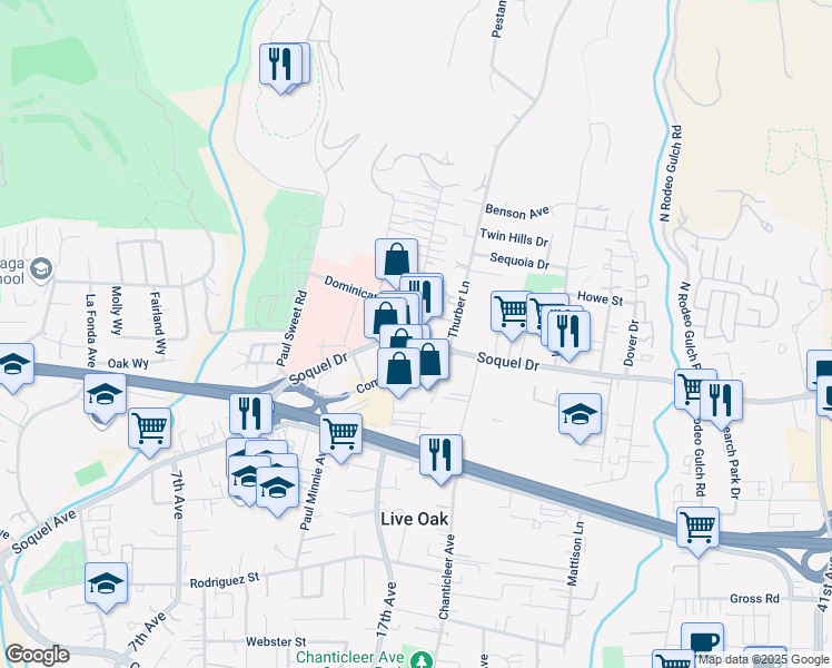map of restaurants, bars, coffee shops, grocery stores, and more near in Live Oak