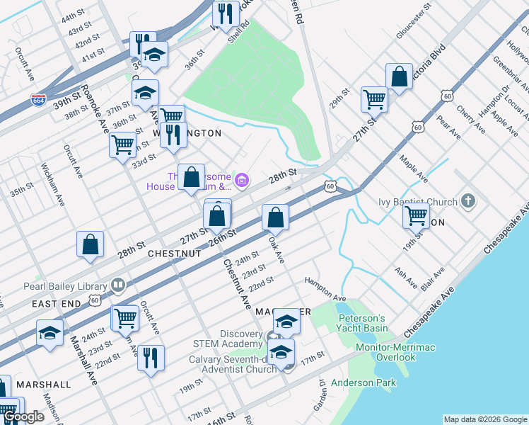 map of restaurants, bars, coffee shops, grocery stores, and more near 1307 27th Street in Newport News