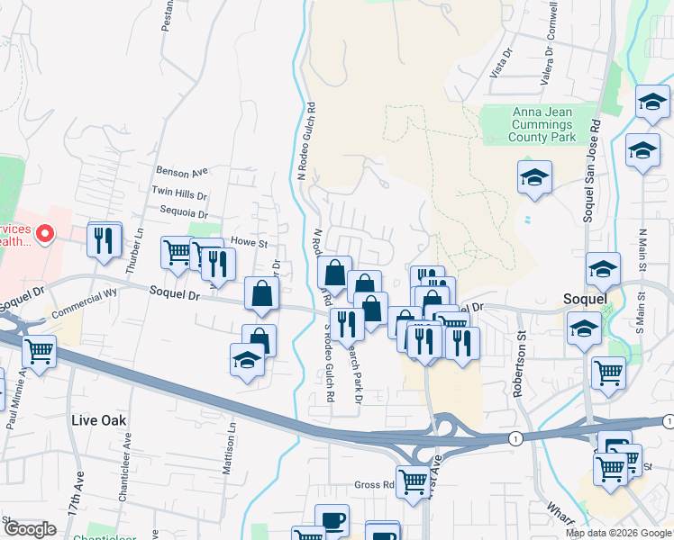 map of restaurants, bars, coffee shops, grocery stores, and more near 200 North Rodeo Gulch Road in Soquel