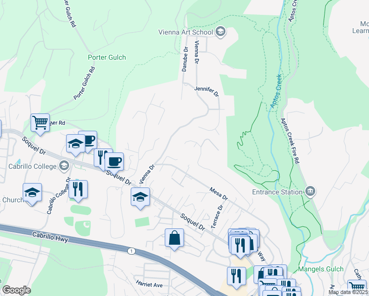 map of restaurants, bars, coffee shops, grocery stores, and more near 7104 Viewpoint Road in Aptos